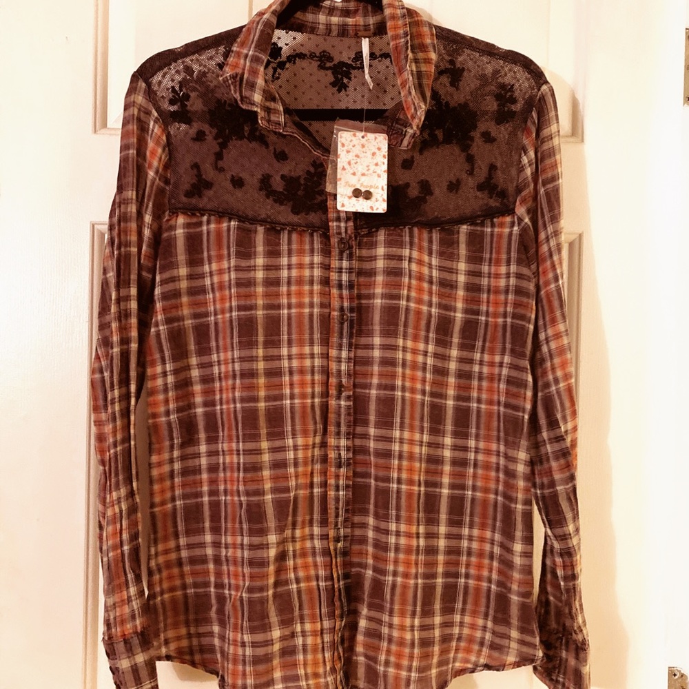 Free People Plaid Lace Saddle Button Down NWT